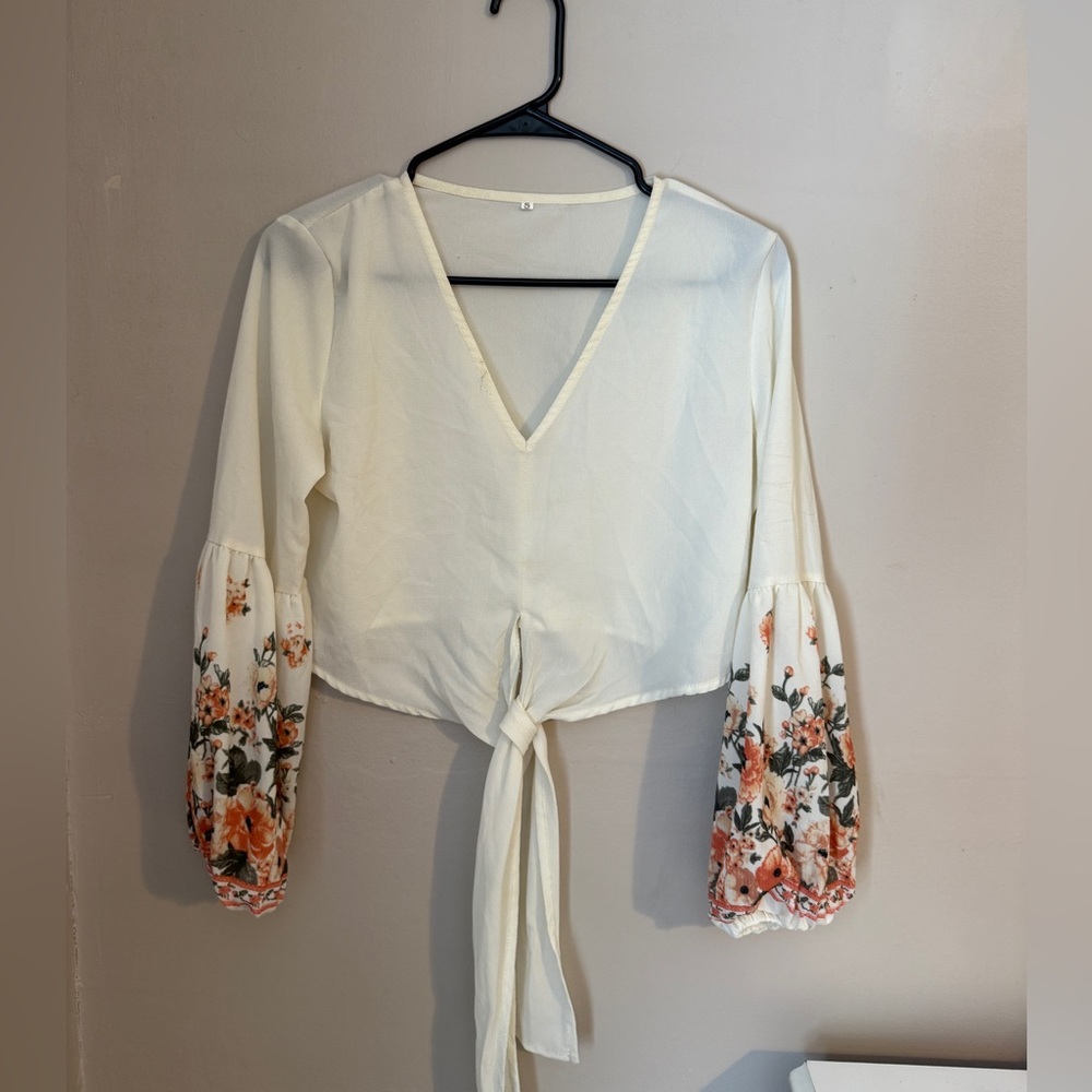 Floral Sleeve Tie-Front Blouse